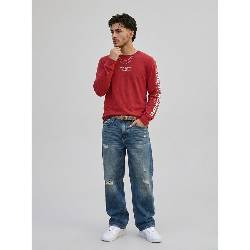 Abercrombie & Fitch Mens Red Long Sleeve Graphic Logo Y2K Tee Shirt Size L